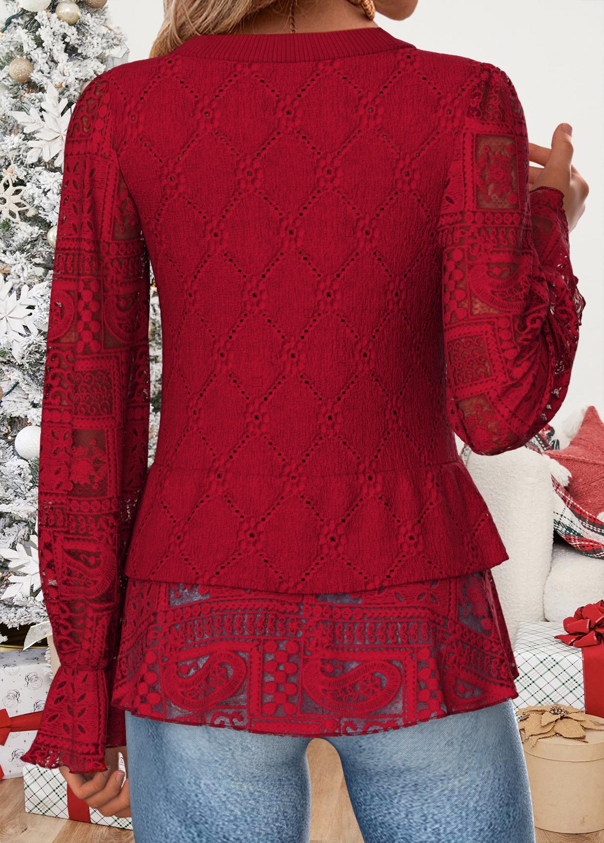 Patchwork Red Long Sleeve Round Neck Blouse