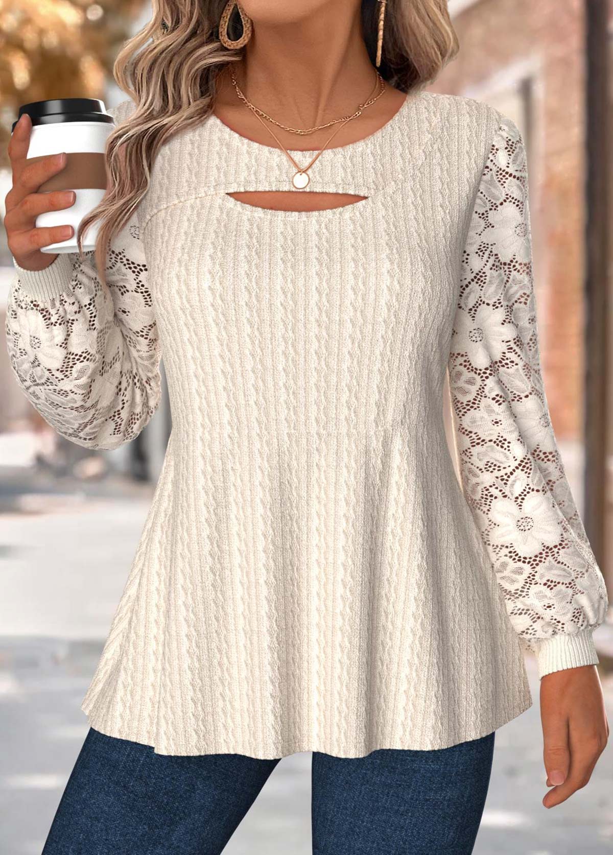 Tummy Coverage Beige Long Sleeve Round Neck T Shirt