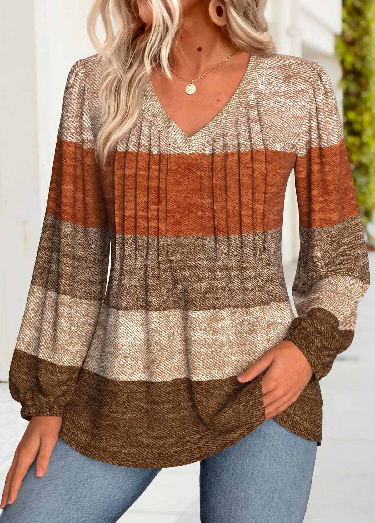 Striped Tummy Coverage Dark Coffee Long Sleeve Blouse