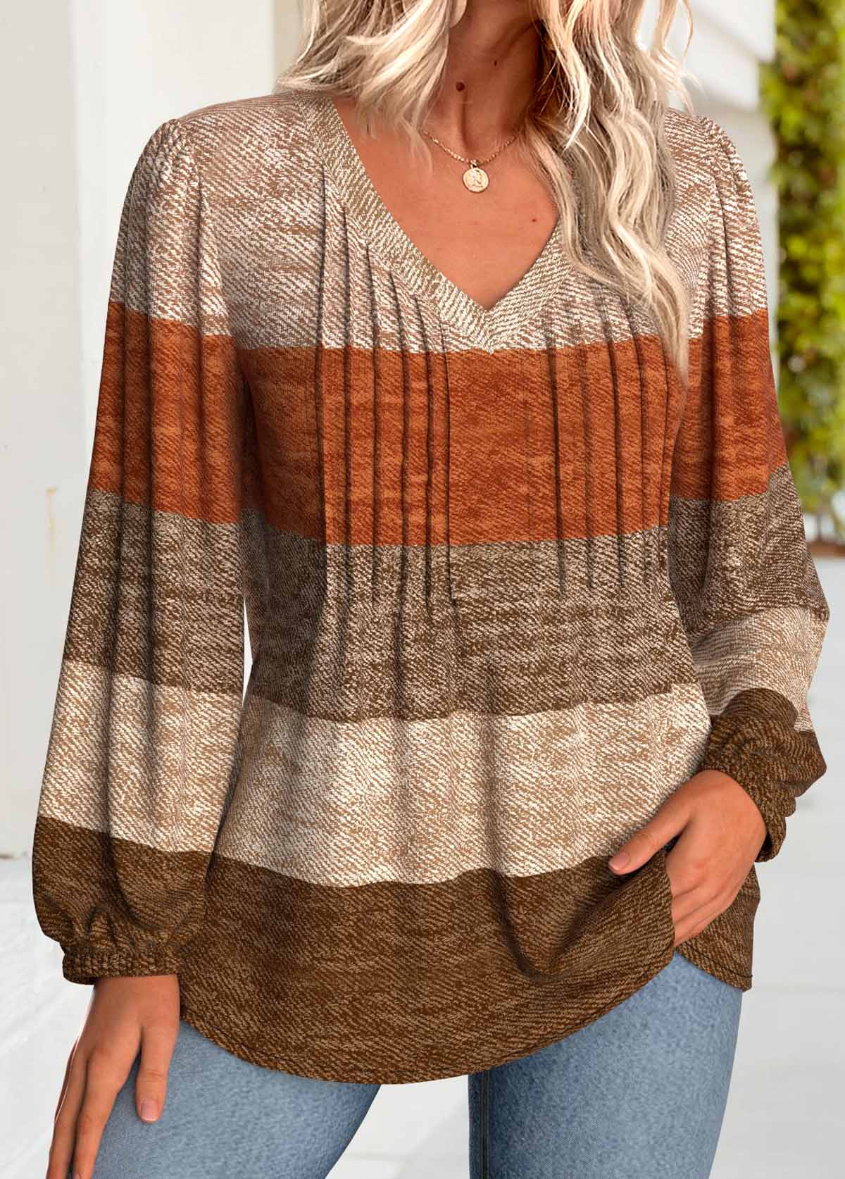 Striped Tummy Coverage Dark Coffee Long Sleeve Blouse