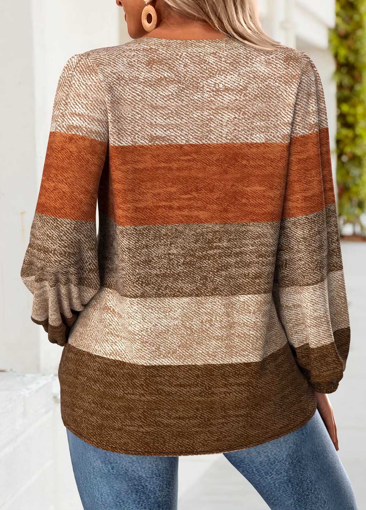 Striped Tummy Coverage Dark Coffee Long Sleeve Blouse