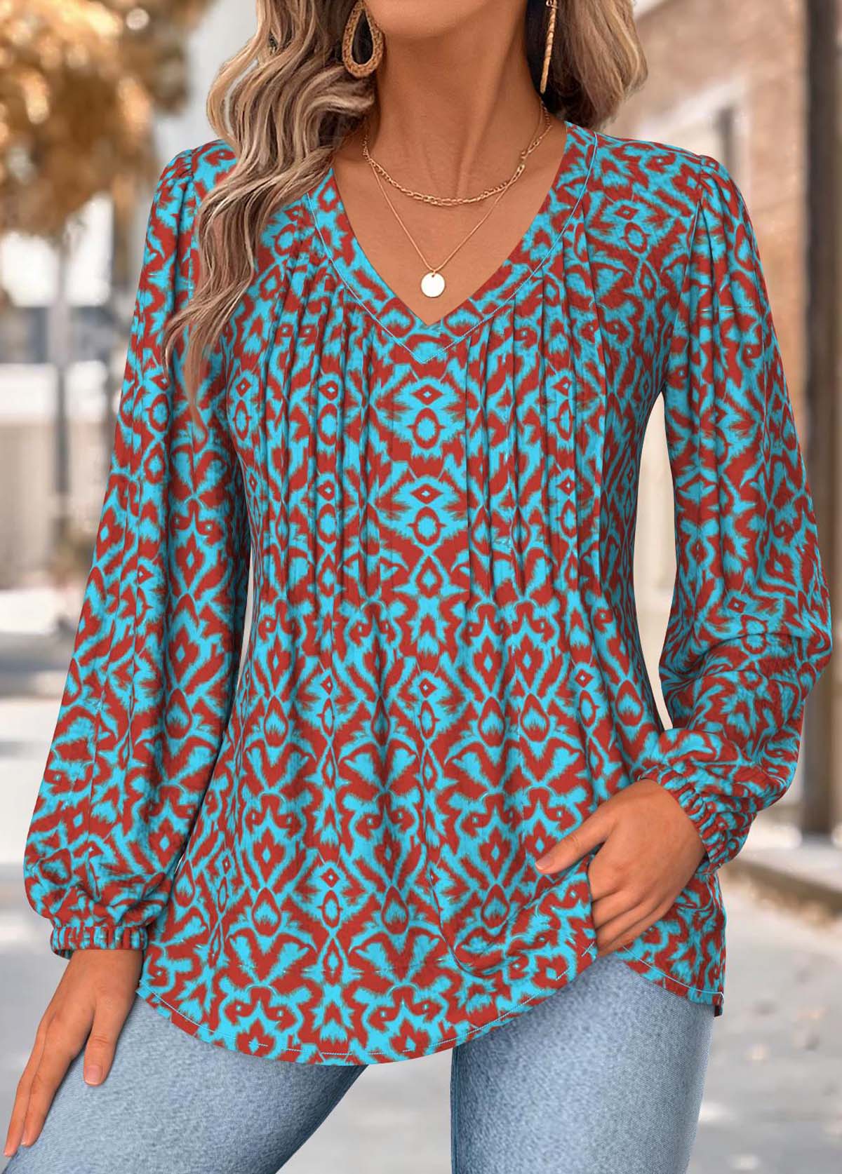 Tribal Print Tummy Coverage Neon Blue Long Sleeve Blouse