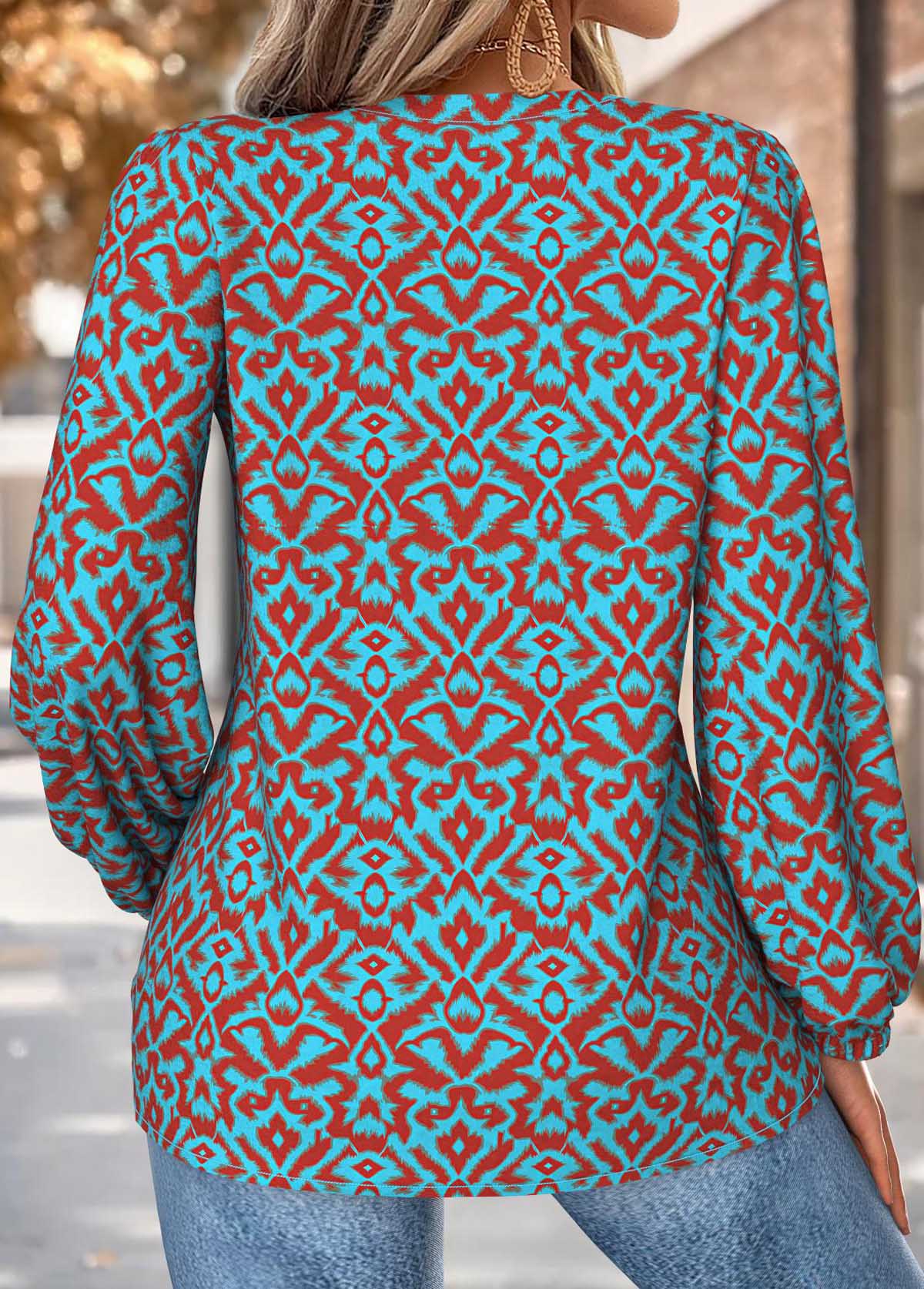 Tribal Print Tummy Coverage Neon Blue Long Sleeve Blouse