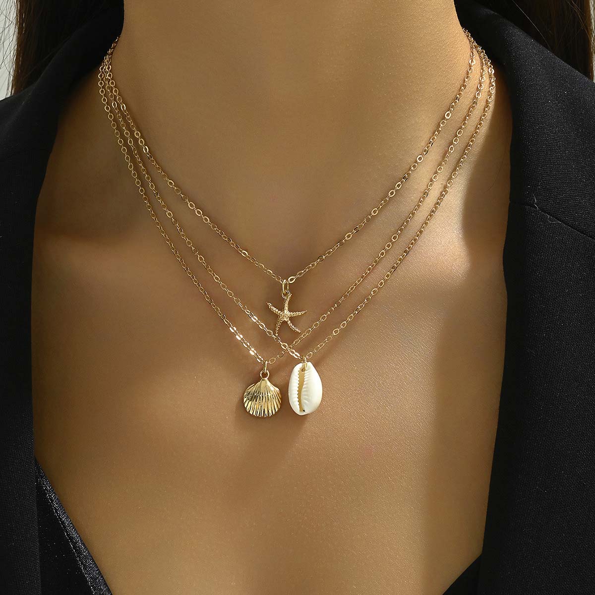 Golden Layered Shell Alloy Necklace Set