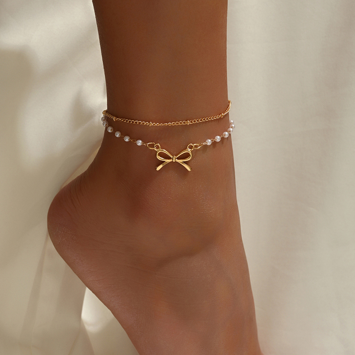 Golden Color Bow Alloy Detail Anklet