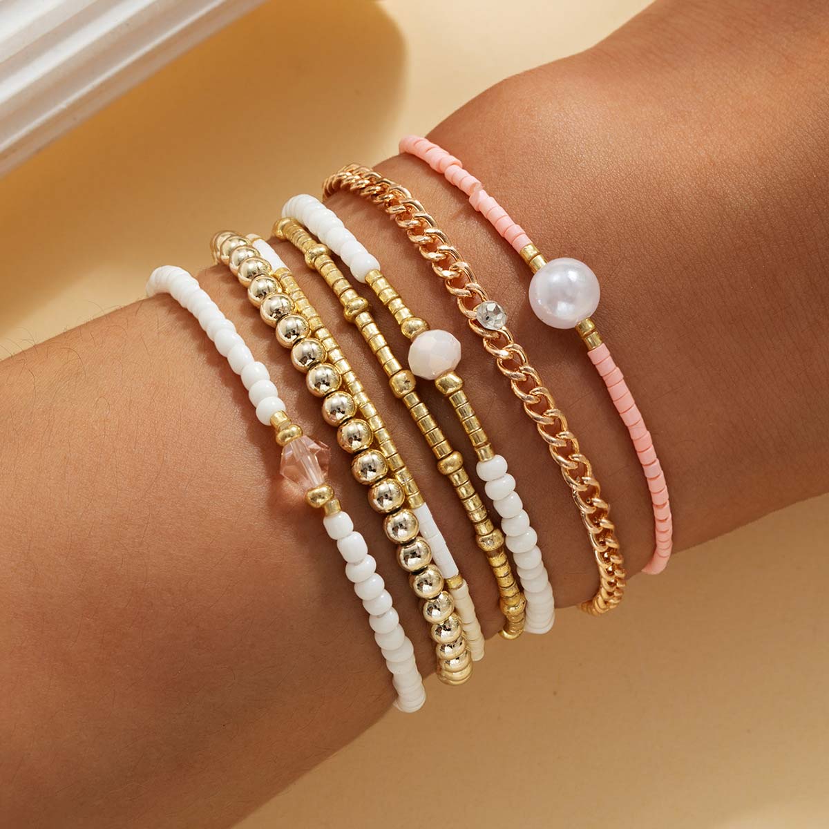 Golden Pearl Beaded Crystal Bracelet Set