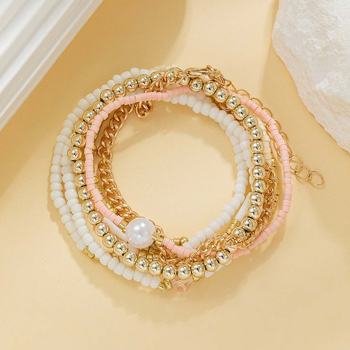 Golden Pearl Beaded Crystal Bracelet Set