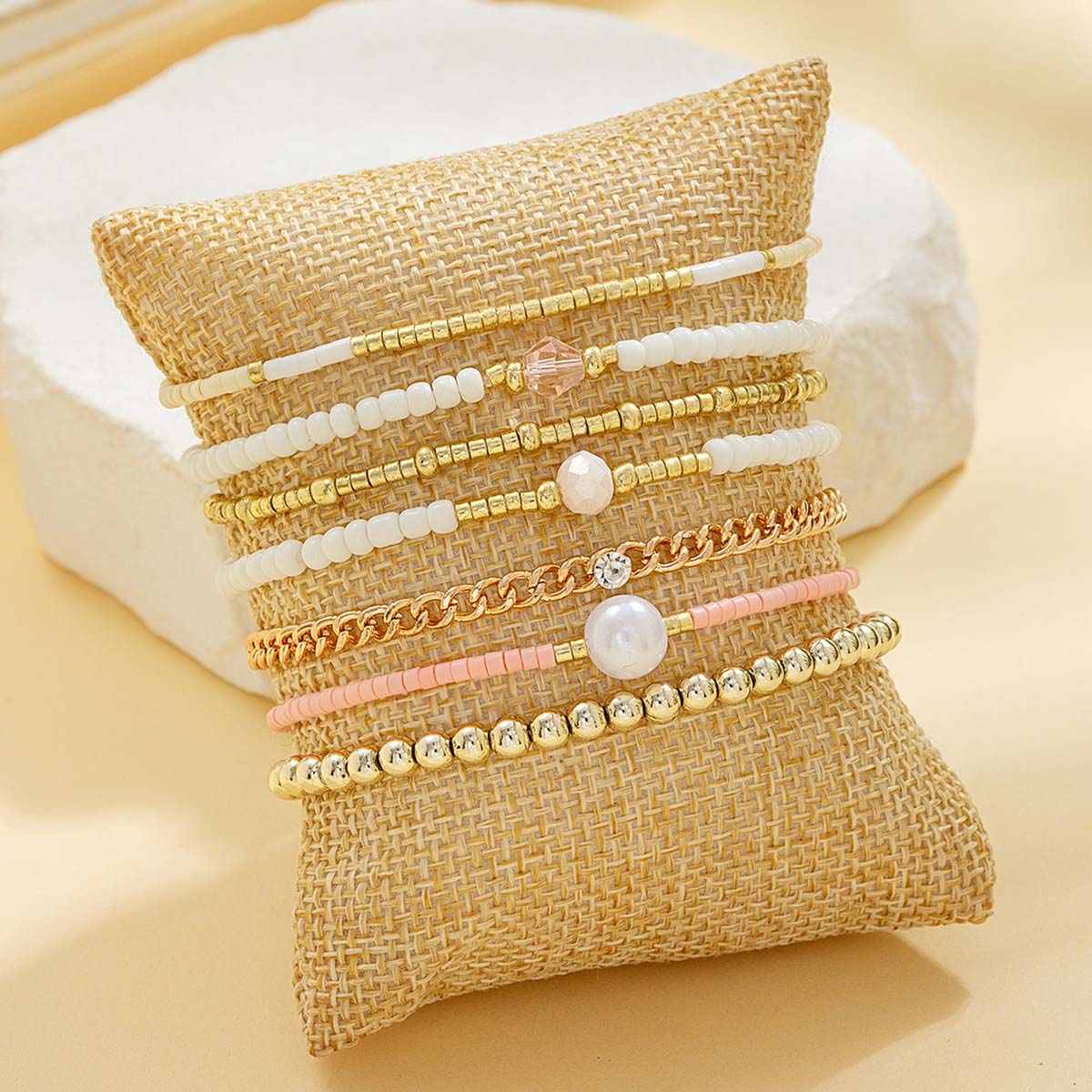 Golden Pearl Beaded Crystal Bracelet Set