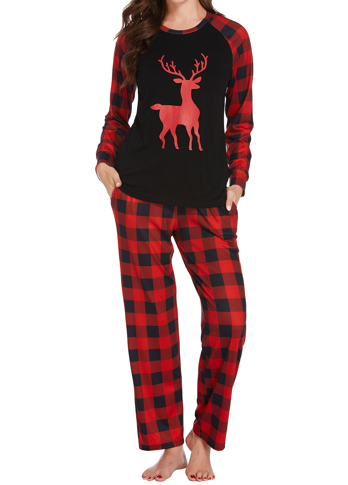 Christmas Plaid Red Round Neck Lounge Top and Pants