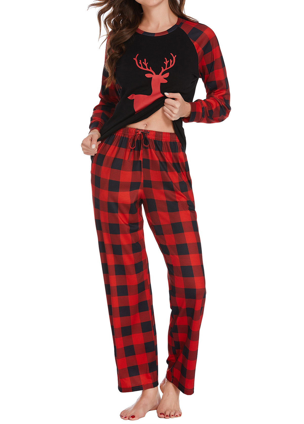 Christmas Plaid Red Round Neck Lounge Top and Pants