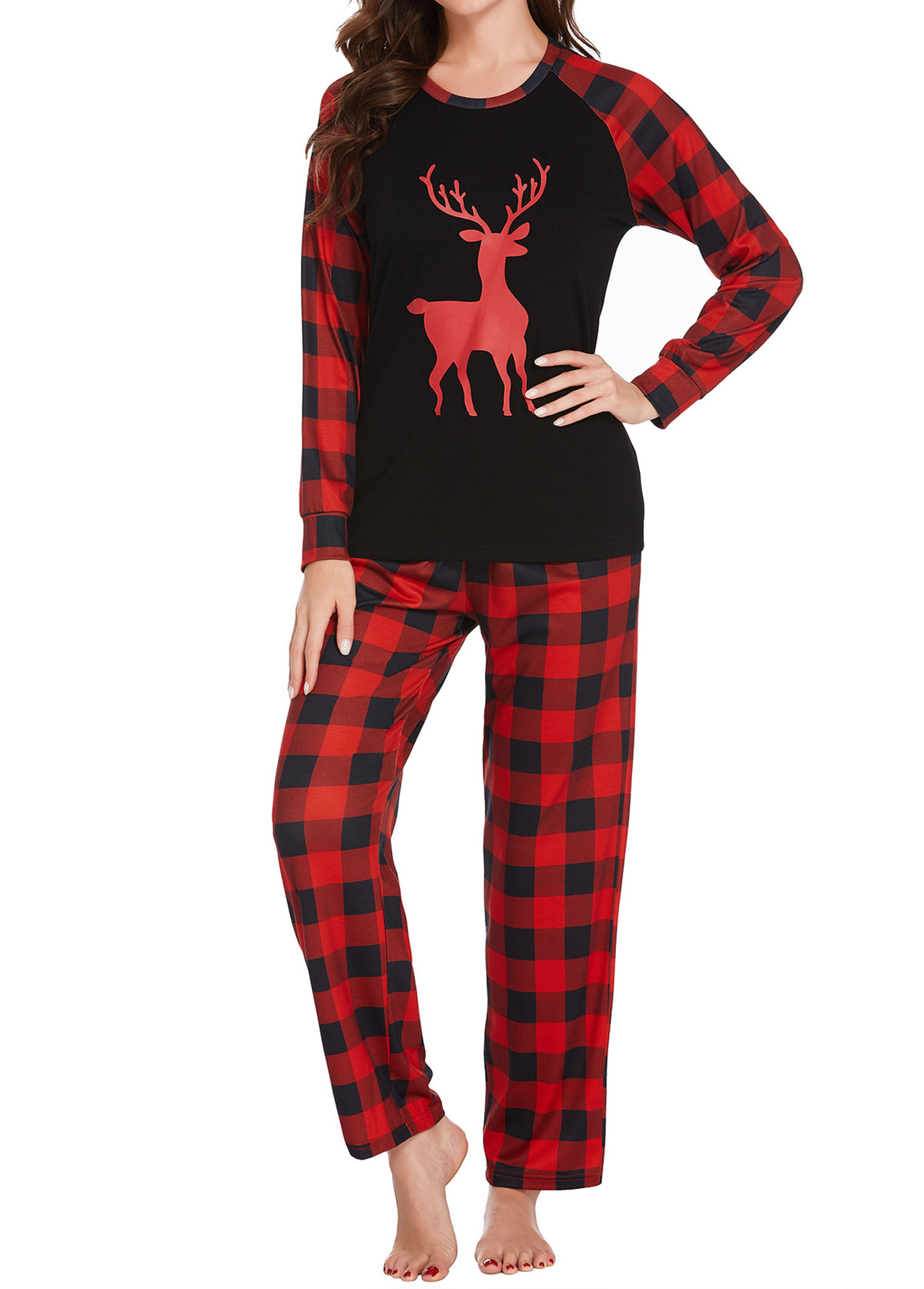 Christmas Plaid Red Round Neck Lounge Top and Pants