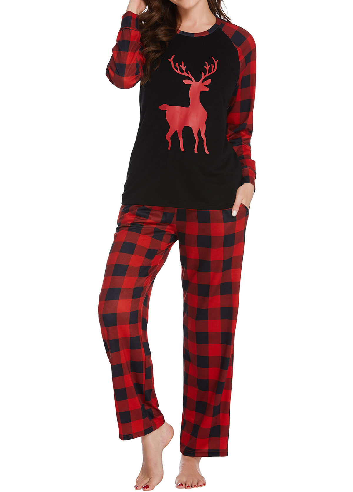 Christmas Plaid Red Round Neck Lounge Top and Pants