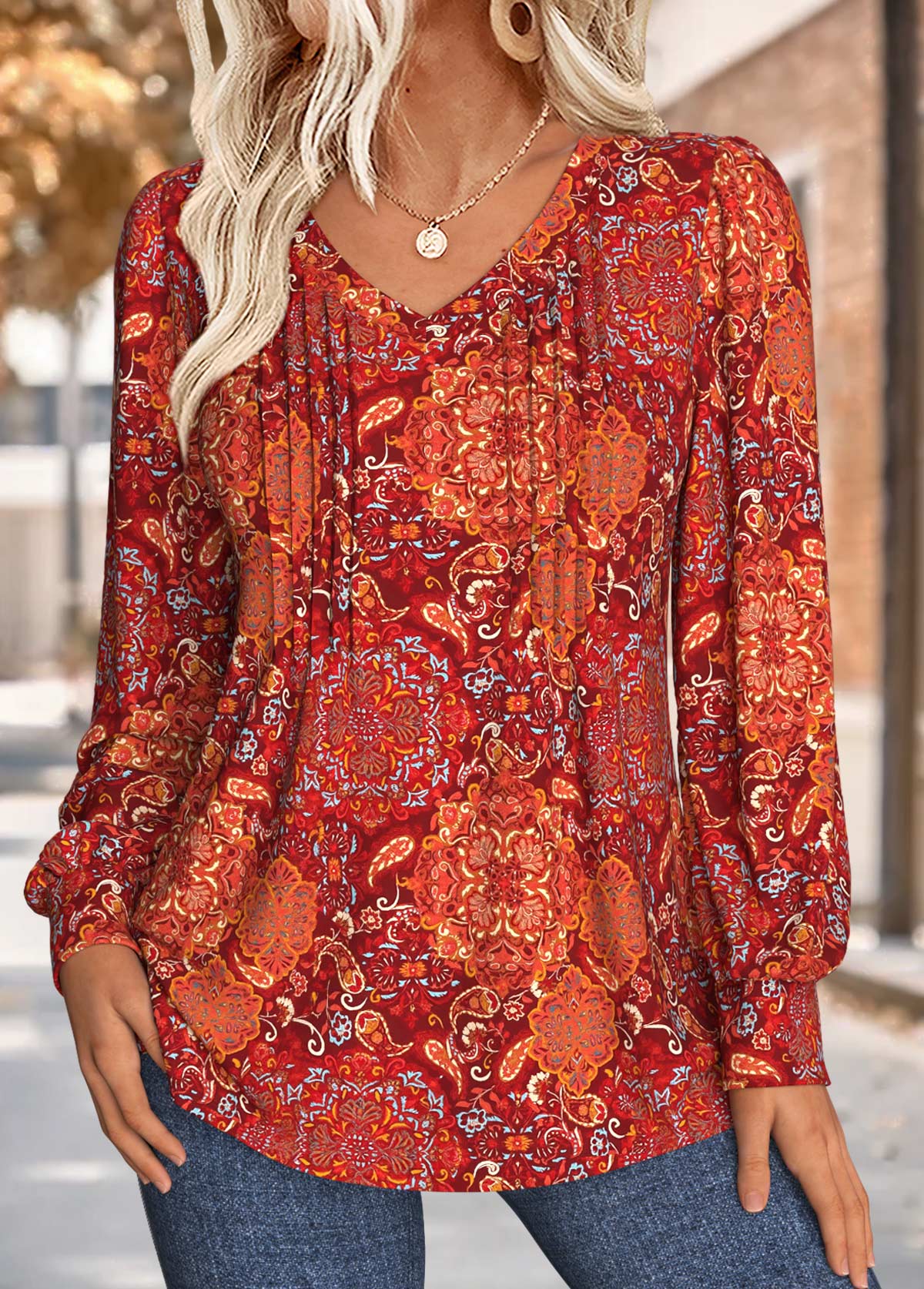 Tribal Print Tuck Stitch Wine Red T Shirt