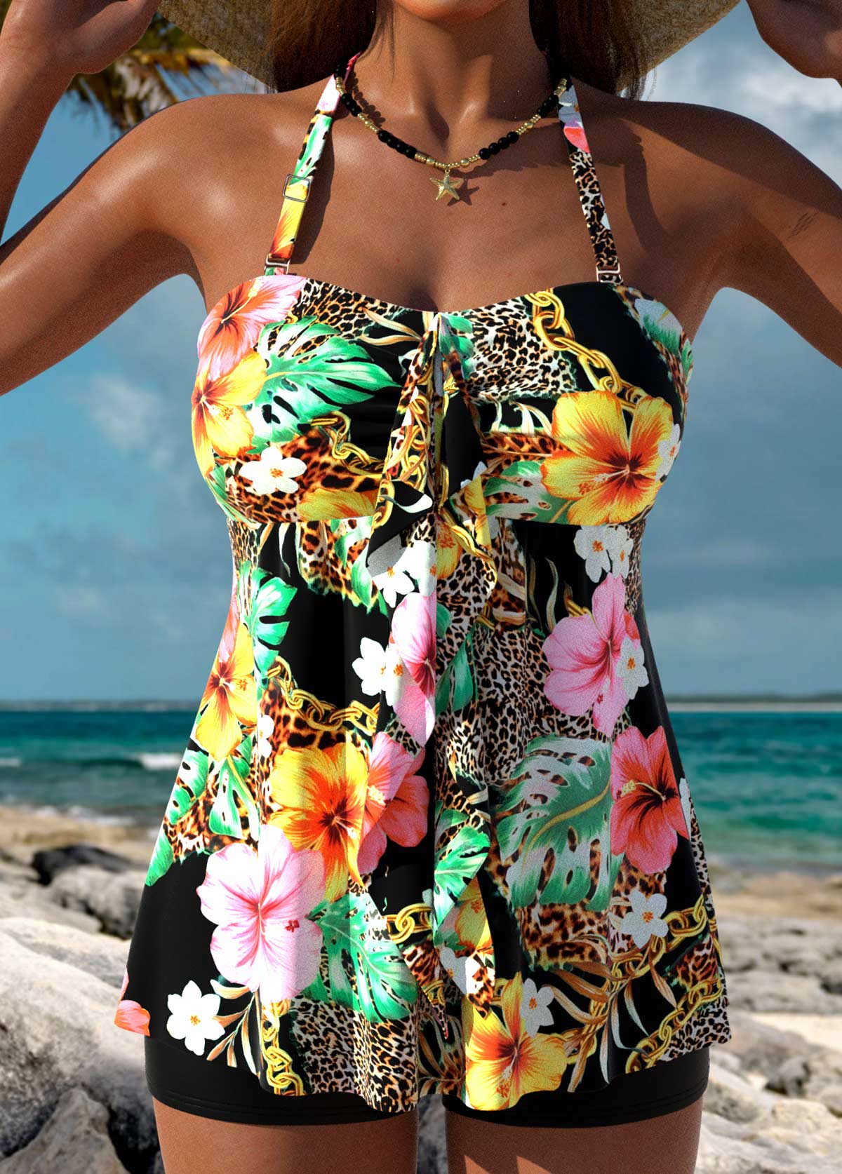 Floral Print Tummy Coverage Black Tankini Top-No Bottom