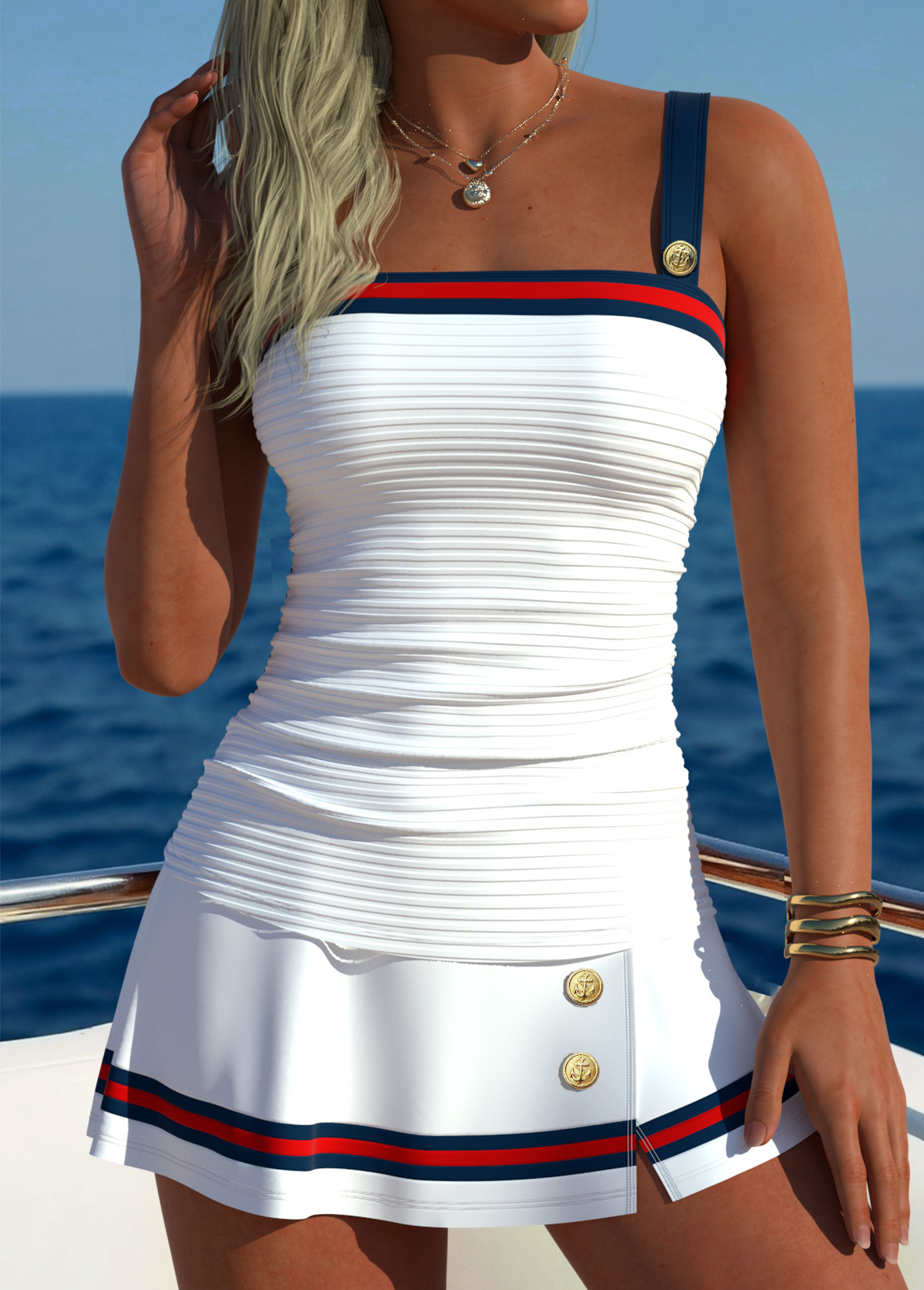 High Waisted Striped Contrast Piping White Tankini Set