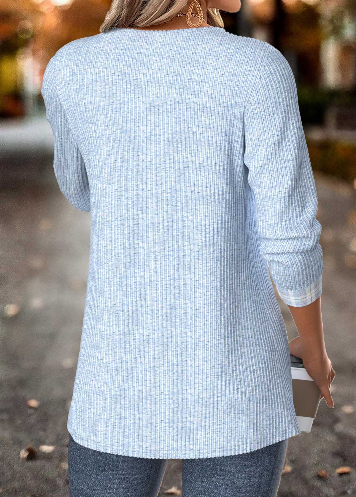 Plaid Tummy Coverage Light Blue Long Sleeve Blouse