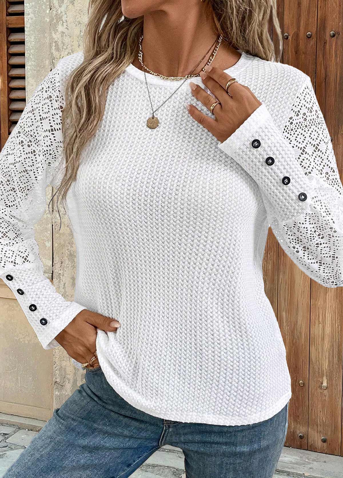 Patchwork White Long Sleeve Round Neck T Shirt