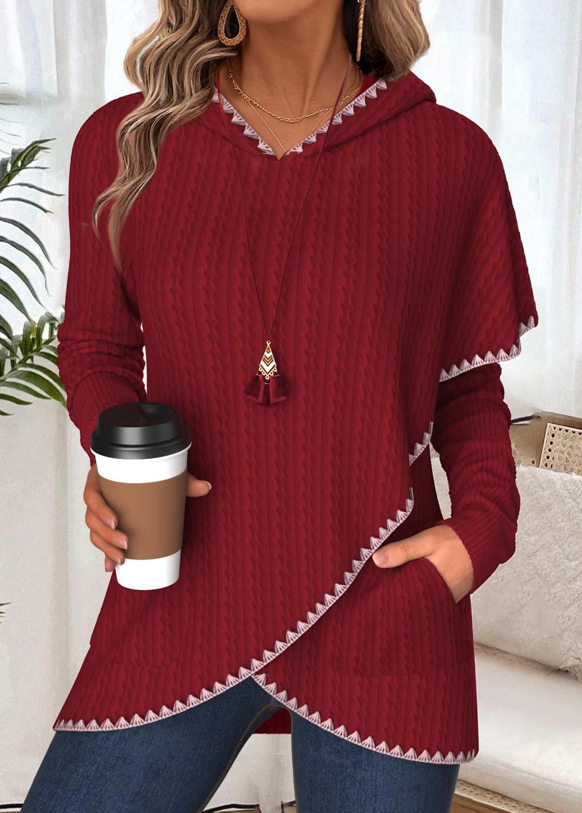 Tummy Coverage Wine Red Long Sleeve Hoodie