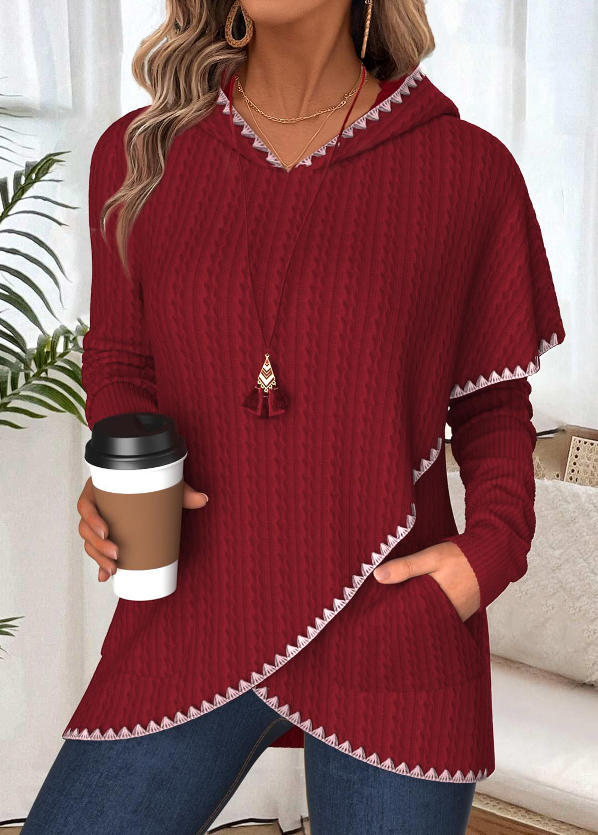 Tummy Coverage Wine Red Long Sleeve Hoodie