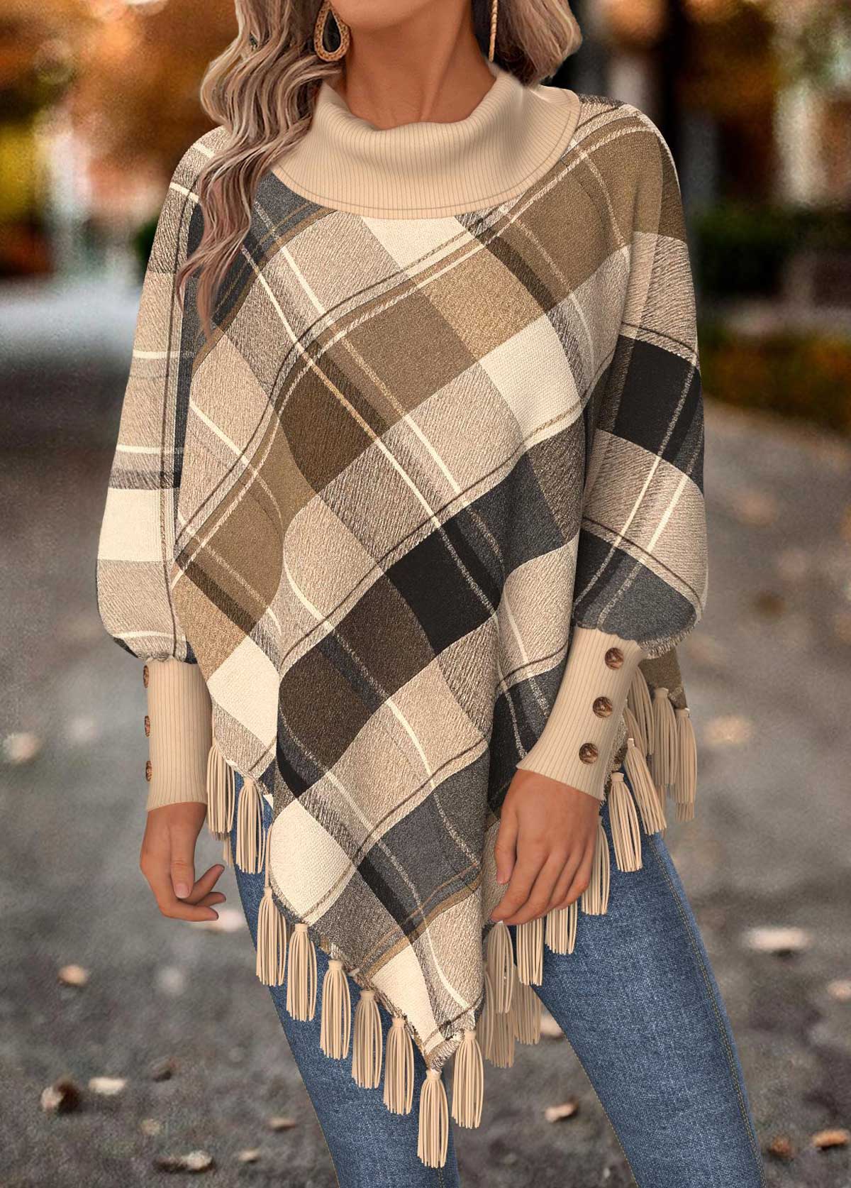 Plaid Tummy Coverage Light Camel Long Sleeve Sweatshirt