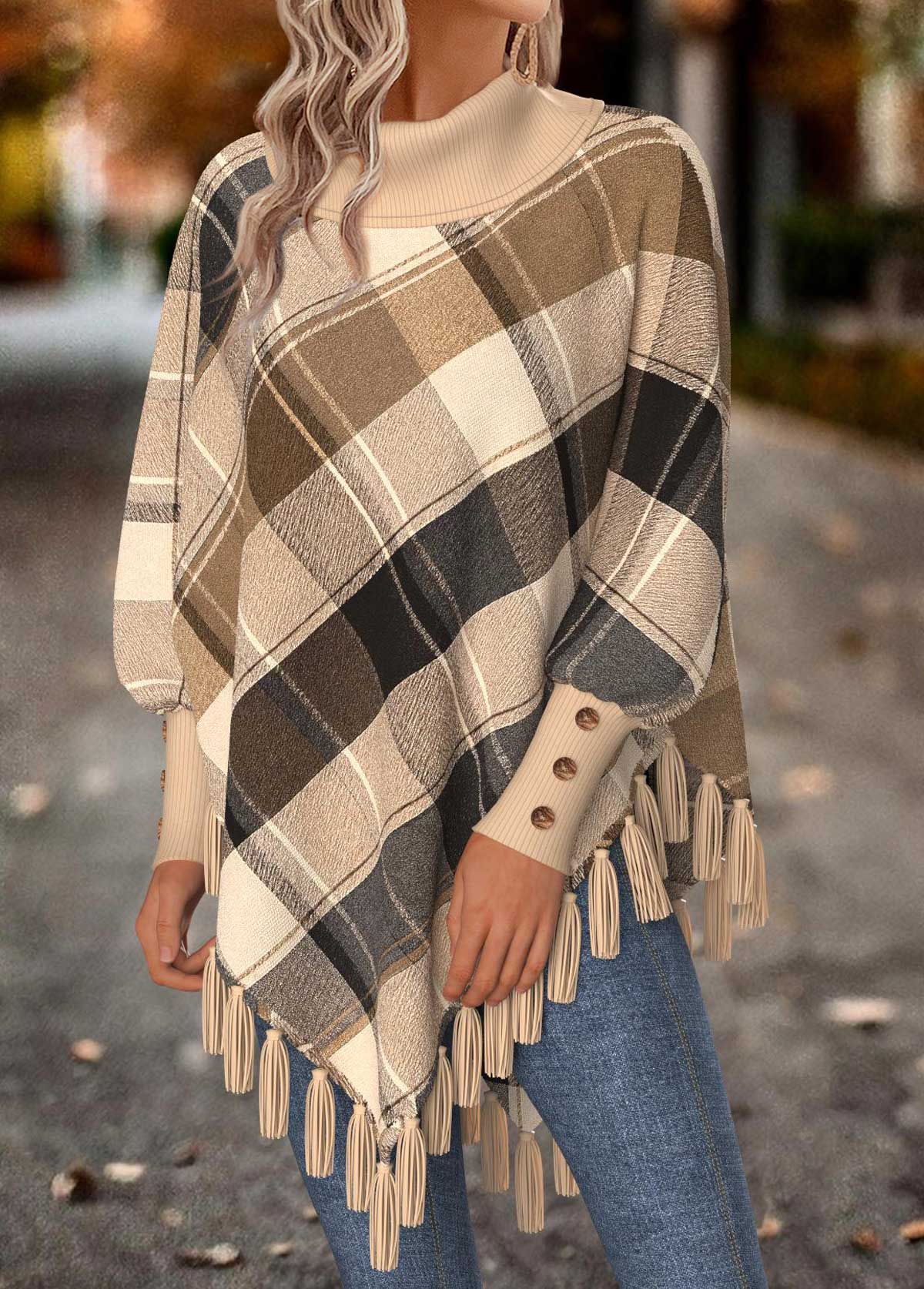Plaid Tummy Coverage Light Camel Long Sleeve Sweatshirt