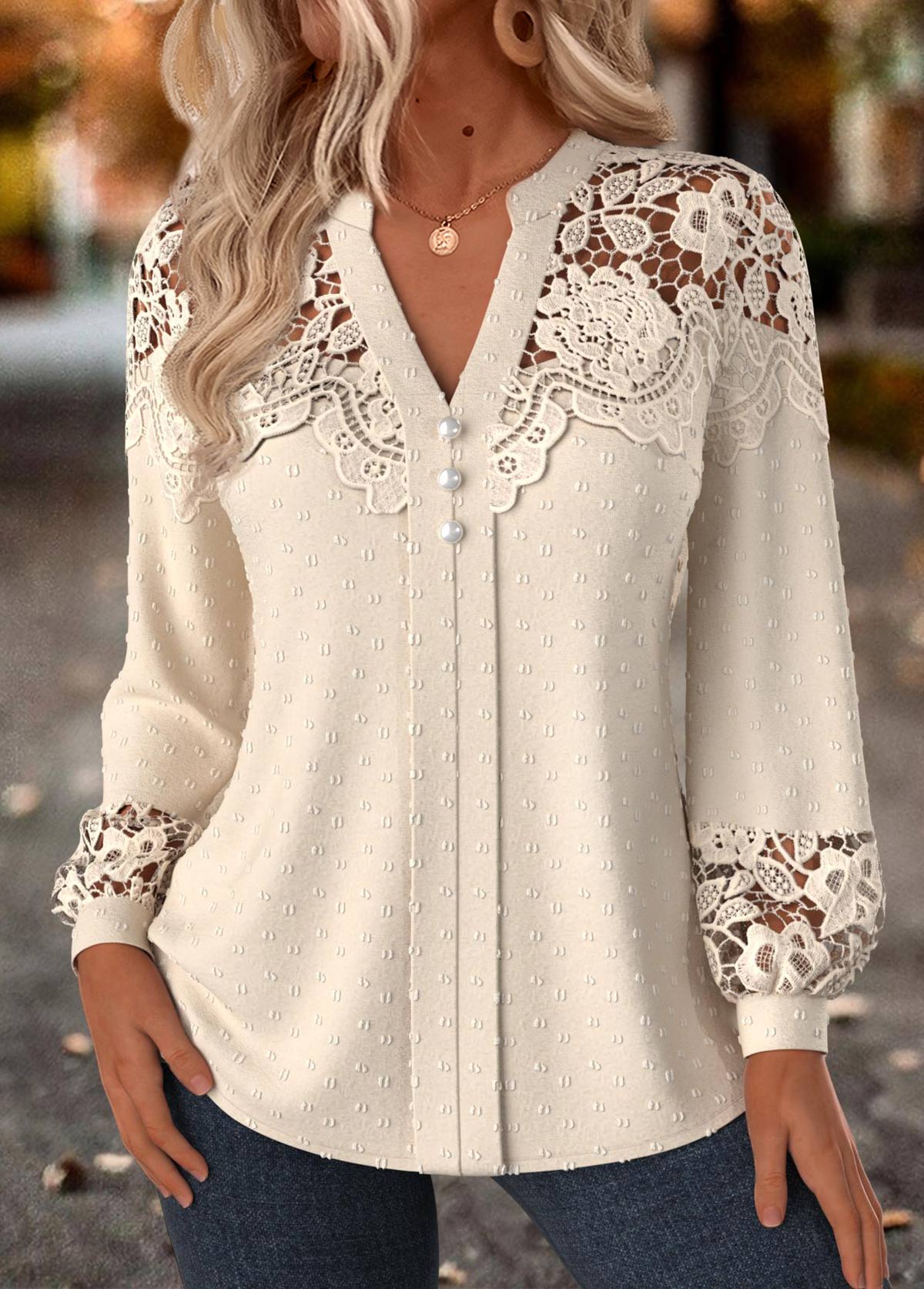 Tummy Coverage Beige Long Sleeve Split Neck Blouse