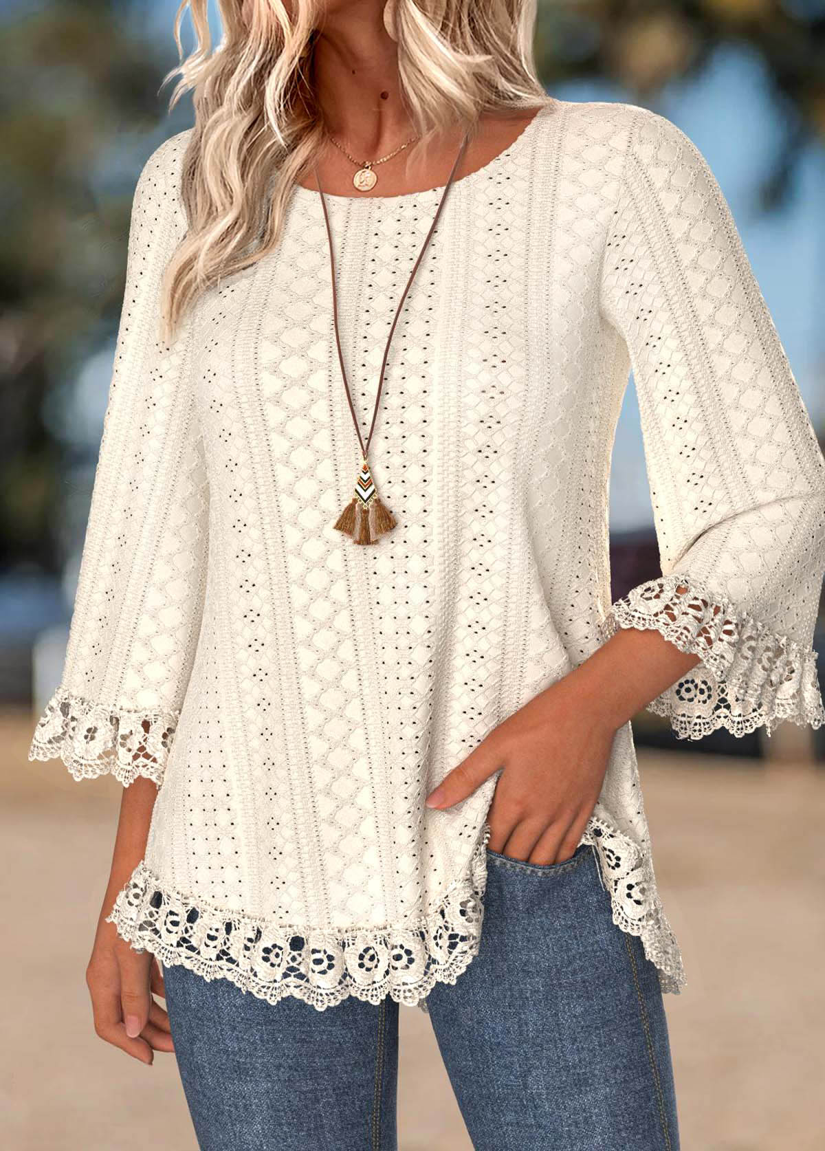 Tummy Coverage Beige 3/4 Sleeve Round Neck T Shirt