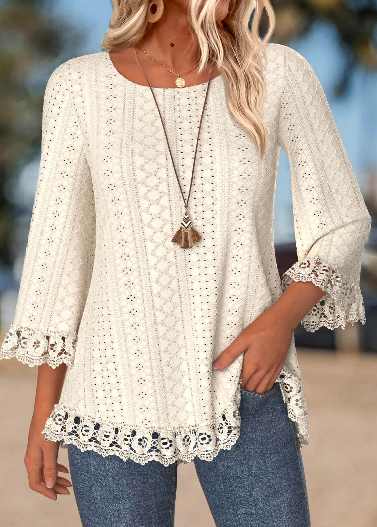 Tummy Coverage Beige 3/4 Sleeve Round Neck T Shirt