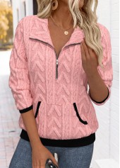 Tummy Coverage Pink Long Sleeve Turn Down Collar Sweatshirt