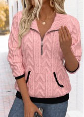 Tummy Coverage Pink Long Sleeve Turn Down Collar Sweatshirt