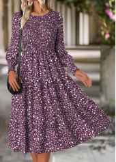 Ditsy Floral Print Tummy Coverage Purple Long Sleeve Dress