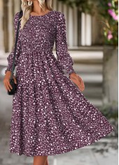 Ditsy Floral Print Tummy Coverage Purple Long Sleeve Dress