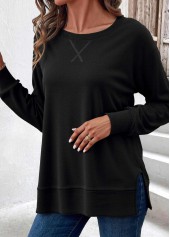 Tummy Coverage Black Long Sleeve Round Neck Sweatshirt