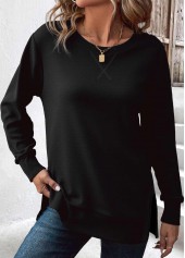 Tummy Coverage Black Long Sleeve Round Neck Sweatshirt