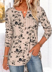 Floral Print Tummy Coverage Light Coffee T Shirt