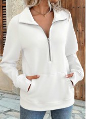 Tummy Coverage White Long Sleeve Turn Down Collar Sweatshirt
