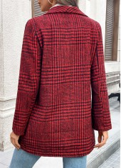 Plaid Button Wine Red Long Sleeve Lapel Coat