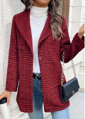 Plaid Button Wine Red Long Sleeve Lapel Coat