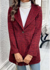 Plaid Button Wine Red Long Sleeve Lapel Coat