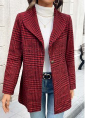 Plaid Button Wine Red Long Sleeve Lapel Coat