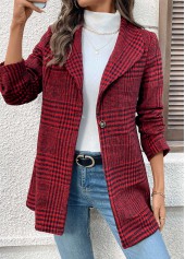 Plaid Button Wine Red Long Sleeve Lapel Coat