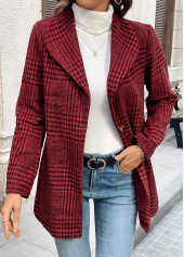 Plaid Button Wine Red Long Sleeve Lapel Coat