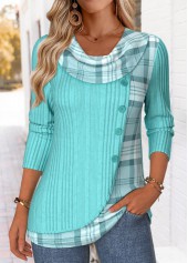 Plaid Patchwork Cyan Long Sleeve Draped Neck T Shirt