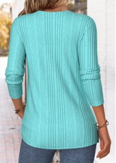 Plaid Patchwork Cyan Long Sleeve Draped Neck T Shirt