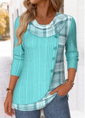 Plaid Patchwork Cyan Long Sleeve Draped Neck T Shirt