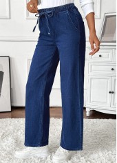 Pocket Denim Blue Wide Leg Elastic Waist Jeans
