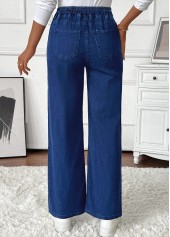 Pocket Denim Blue Wide Leg Elastic Waist Jeans