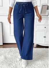Pocket Denim Blue Wide Leg Elastic Waist Jeans