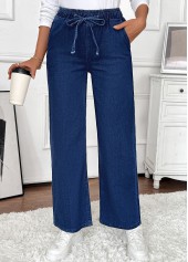 Pocket Denim Blue Wide Leg Elastic Waist Jeans
