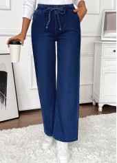 Pocket Denim Blue Wide Leg Elastic Waist Jeans
